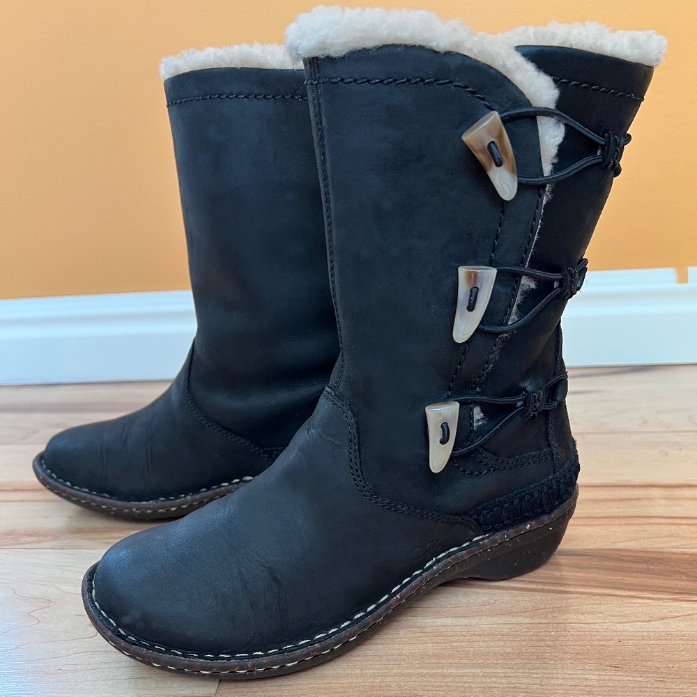 UGG Mid-Calf Dark Gray/Black Leather Sheepskin Kona Boots